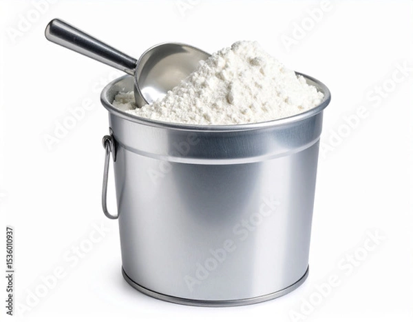 Fototapeta Baking Powder in Metal Container with Scoop on White Background in a Clean Kitchen Ingredient Style