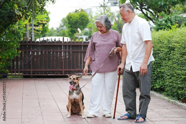 Obraz Asian senior couple walking their dog in front of their house. Pet concept. Keeping a dog helps improve the health of the elderly.