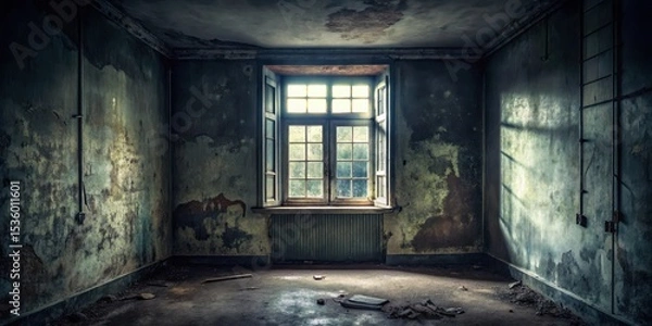Fototapeta Dark and abandoned room with a single dusty window, solitude, decay,  solitude, decay, shadows, dust