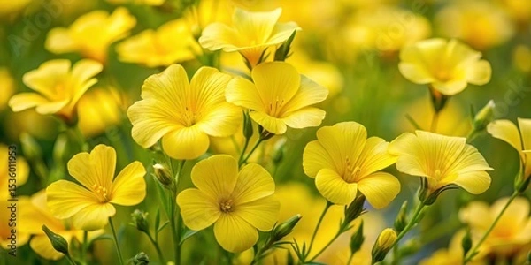 Fototapeta Dense cluster of Linum perenne flowers with delicate yellow petals and intricate center details in a field setting