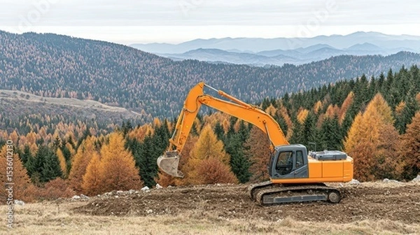 Fototapeta Orange excavator on a hillside overlooking a forest in autumn.
