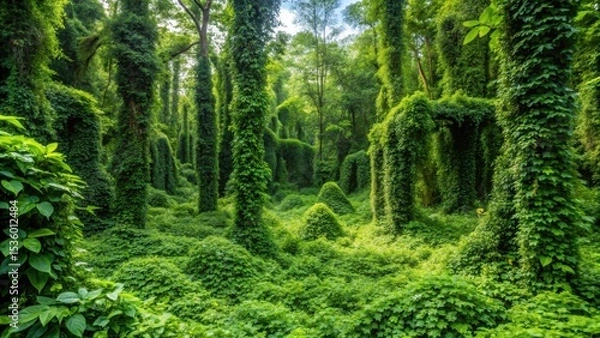 Fototapeta Half of a dense forest covered in half-grown plants and vines