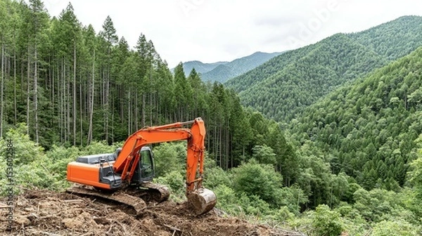 Fototapeta Orange excavator working in a lush forest landscape.