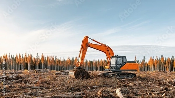 Fototapeta An orange excavator working on a recently logged area.