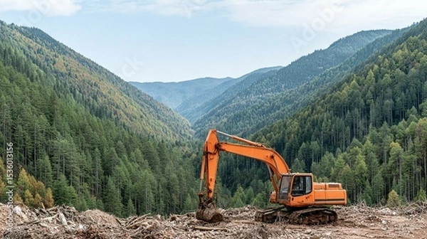 Fototapeta Orange excavator in a mountainous forest clearing.