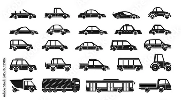 Fototapeta Car hand drawn style set. Silhouette and linear cute different shape transport pickup, bus tractor truck collection. Simple icon car illustration for children textile cloth, poster vector illustration