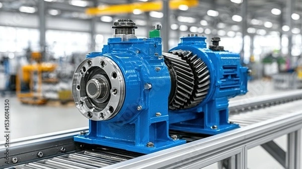 Fototapeta Blue industrial gear pump is situated on a metal conveyor belt in a factory setting.  The image displays detailed components and the precise engineering of the pump.