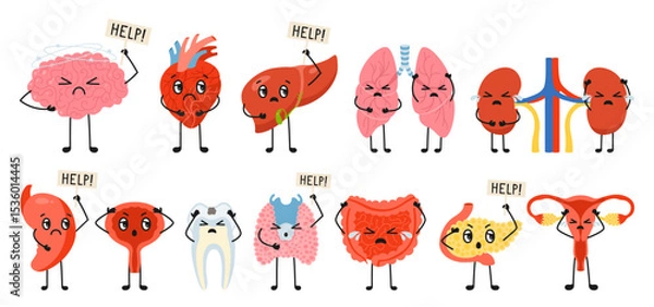 Fototapeta Human Organs with negative emotions set. Cartoon unhealthy body parts with disease sick lung, brain, heart reproductive system female male, tooth, body collection. Vector comic childish illustration