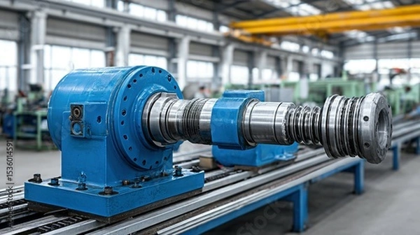 Fototapeta Blue industrial machine component on a conveyor belt.