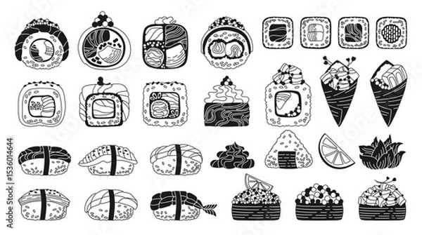 Fototapeta Sushi black and white doodle set. Traditional Asian Japanese food big linear set. Different Sushi seafood Philadelphia, roll California nigiri sashimi flat vector for oriental menu cafe bar restaurant