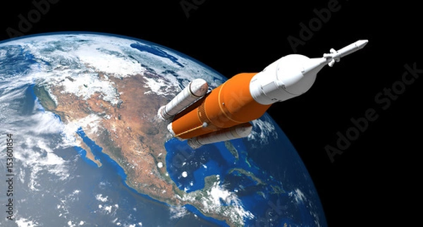 Fototapeta Extremely detailed and realistic high resolution 3d image of a Space Launch System Rocket. Shot from space. Elements of this image are furnished by Nasa.