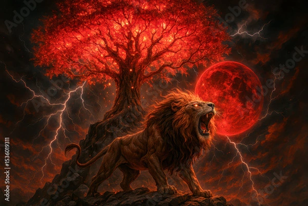 Obraz Lion of Judah Roars Beneath the Tree of Life and Blood Moon – Biblical Power Unleashed