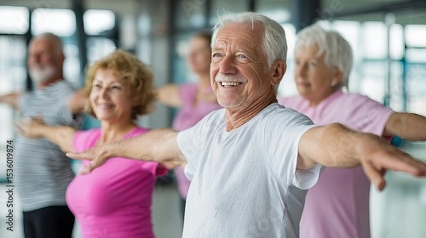 Obraz Happy Senior Citizens Group Fitness Class Active Healthy Lifestyle Exercise Wellness Stretching Arms Smiling Joyful Positive Energy Retirement Wellbeing Mature Adults Active Aging 
