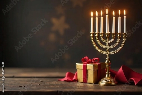Fototapeta Golden menorah & gift box on rustic wood, Hanukkah setting, box, texture, hope