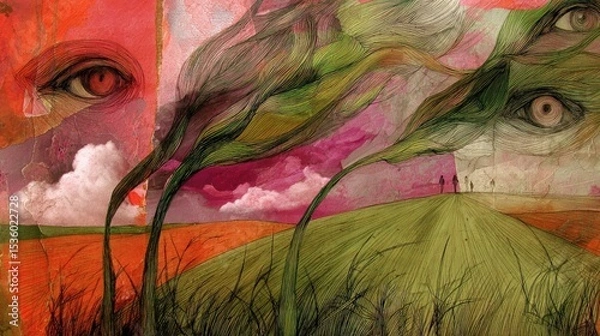 Fototapeta Abstract art depicting green leaves intertwined with eyes against a vibrant sky at dusk