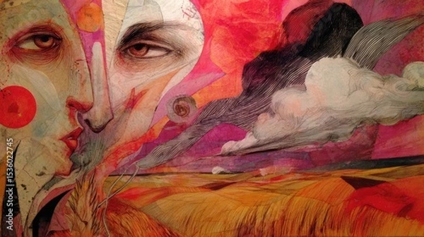 Fototapeta Colorful surreal artwork depicting two faces merging with vibrant landscapes and abstract elements in a dreamlike setting