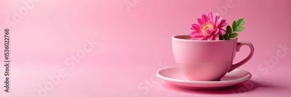 Fototapeta Pink beverage, chrysanthemum & leaf garnish in coffee cup, pink backdrop , pink, top view, photography