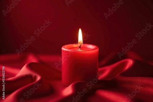 Fototapeta Red candle, flickering flame, atop rich red silk fabric , candlelight, texture, red