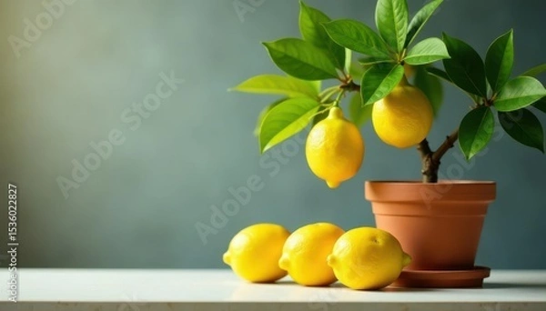 Fototapeta Ripe lemons on countertop beside thriving potted lemon tree , sprout, potted