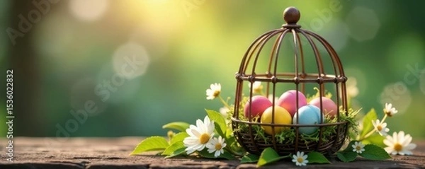 Fototapeta Rustic birdcage filled with colorful eggs and delicate wildflowers Soft spring light , eggs, floral arrangement