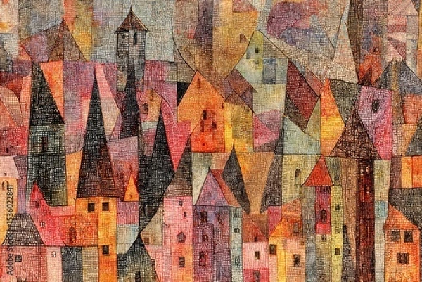 Fototapeta An abstract representation of a lively town filled with uniquely shaped buildings. The colorful composition features a mix of warm and cool tones, emphasizing a whimsical atmosphere.