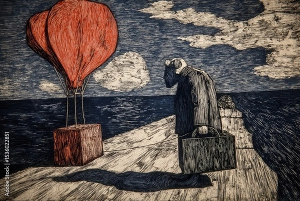 Fototapeta A solitary man in a dark coat walks along a wooden pier holding a suitcase. Two vibrant hot air balloons hover above the calm waters as the sun sets, creating a serene atmosphere.