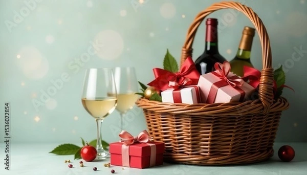 Fototapeta Rustic wicker basket overflowing with gifts beside wine bottle and glasses , setting, alcohol, table
