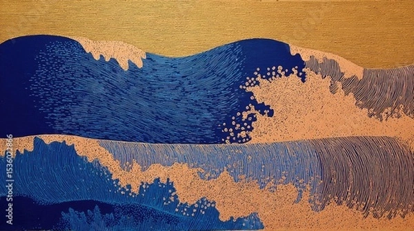 Fototapeta Layers of blue waves crash against a golden backdrop, capturing the beauty of the ocean at sunset. The dynamic textures create a lively coastal atmosphere.