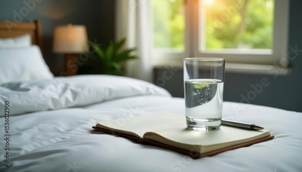 Fototapeta Simple bedroom scene, glass water, notepad, pen, notepad, writing, objects photography