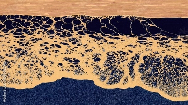 Fototapeta The shoreline features soft sand and foamy waves, creating a tranquil atmosphere on a clear day. The horizon blends with a deep blue ocean under a bright sky.