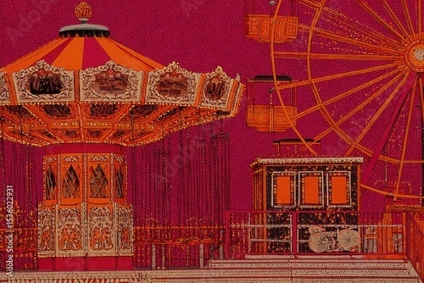 Fototapeta Vibrant amusement rides fill the fairground as twilight approaches, showcasing a carousel and a ferris wheel adorned with colorful lights, creating a magical evening ambiance.