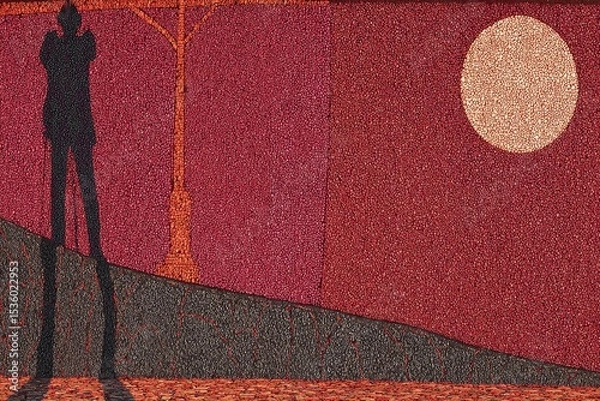 Fototapeta A person stands in the foreground against a vibrant sunset, with a full moon shining brightly. A lone tree adds depth to the serene landscape.