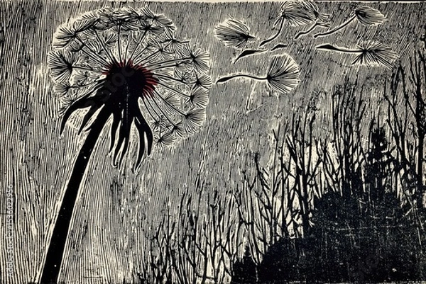 Fototapeta Dandelion silhouette against textured background creates a striking visual of nature's resilience and beauty at sunset