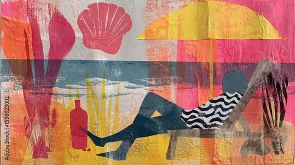Fototapeta A person resting in a beach chair, surrounded by colorful umbrellas and beach elements, enjoys a sunny day by the ocean. The vibrant atmosphere evokes relaxation and leisure.