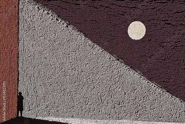 Fototapeta Shadow cast by a solitary figure against a textured wall during twilight in an urban setting