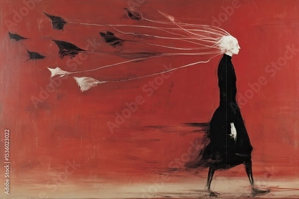 Fototapeta A figure walks against a vibrant red background with abstract shapes and flowing lines, conveying a sense of movement and emotion