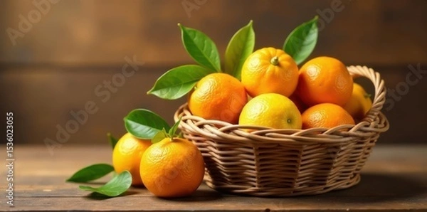 Fototapeta Vibrant citrus fruits in woven basket; warm wooden backdrop , orange, top view, juicy