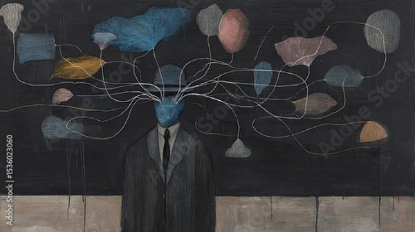 Fototapeta An abstract figure stands with a blue head, dressed in a dark suit. Colorful shapes float around, connected by thin lines in an artistic display of creativity and imagination.