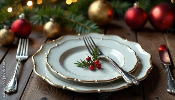 Fototapeta Vintage silver cutlery arranged on bare festive table with ornaments, visual, elegant, silver