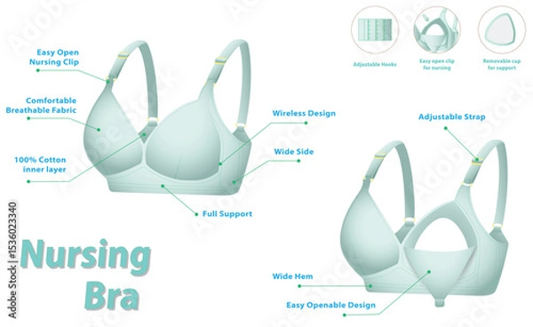 Fototapeta Nursing Maternity Bra Illustration with Adjustable Hooks and Easy-Open Clip-with Features for Breastfeeding Mothers