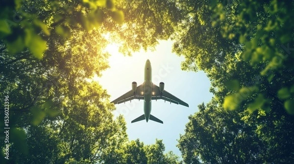 Obraz Airplane soaring through crystal-clear skies, powered by sustainable aviation fuel and advanced green technology, symbolizing the future of eco-friendly transportation and carbon reduction.