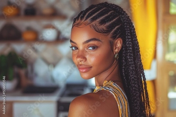 Obraz Black woman with protective hairstyle applying edge control in natural light at modern apartment perfect for cultural hair care routine and beauty styling concept. Authentic beauty routine and styling