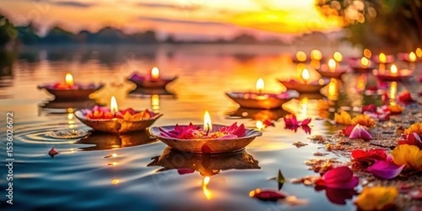 Obraz Serene riverbank with floating diyas surrounded by delicate flower petals