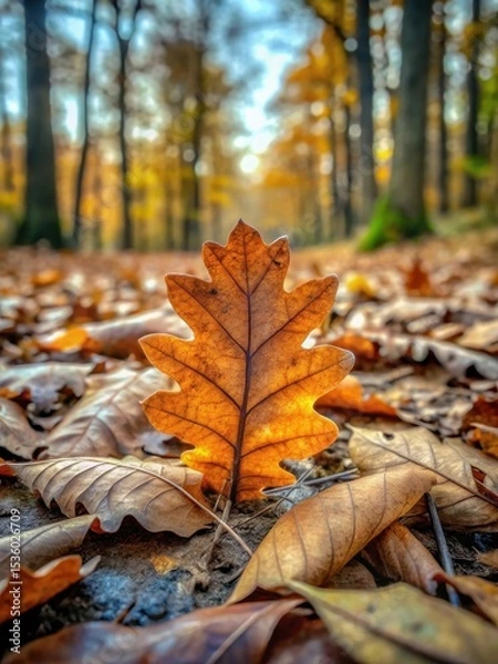 Obraz A lone oak leaf lying on a forest floor amidst fallen leaves and twigs