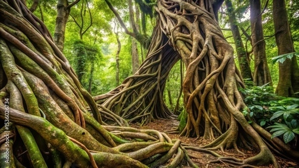 Obraz Twisted vines entwined around ancient tree trunks in a dense jungle atmosphere