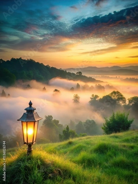 Obraz serene landscape with a lone lantern standing on a hilltop surrounded by lush green trees and misty fog at dawn