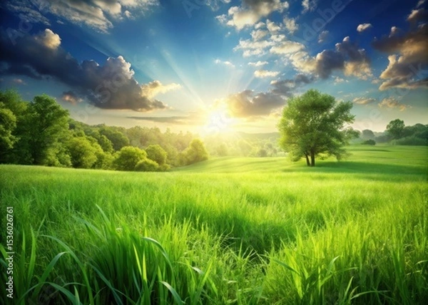 Obraz Serene meadow landscape with lush green grass swaying gently in sunlight