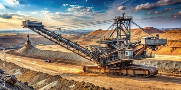 Obraz Large bucket-wheel excavator moving massive dirt and rocks at open-pit coal mine site