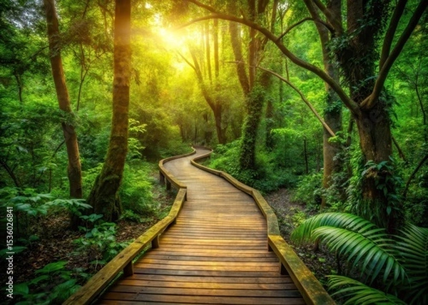 Obraz A winding wooden path traverses through a dense and vibrant forest covered in lush green foliage