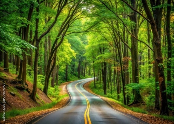 Fototapeta A serpentine road meanders through a dense forest with towering trees looming on either side